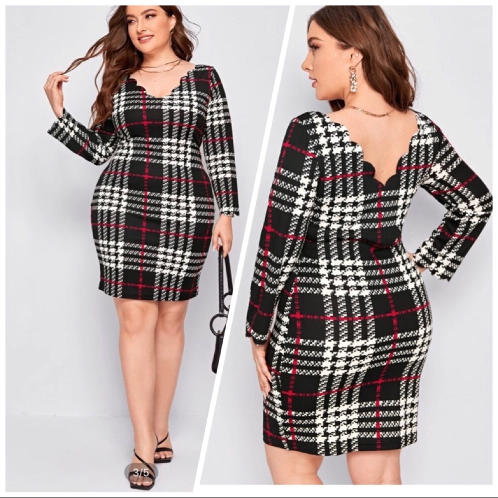 Elegant,Plaid,Long Sleeve,V-neck Dress.